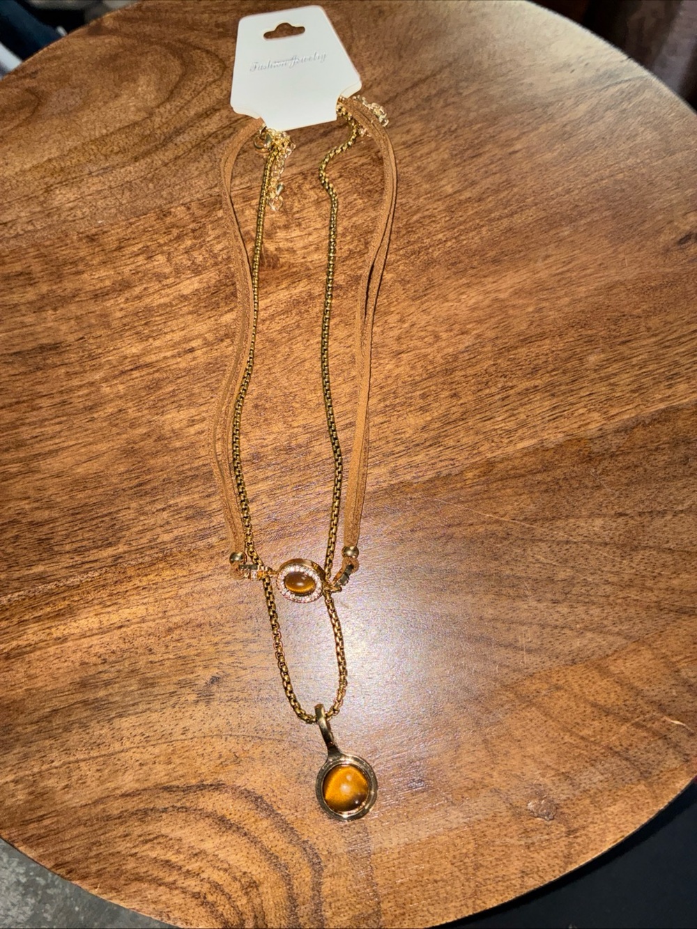 Gold-Tone Double Layer Necklace with Amber Stones - Women Jewelry